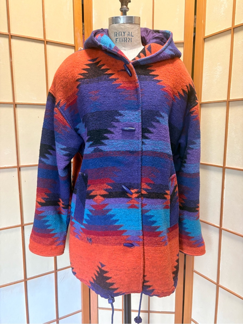 Vintage Hunt Club Colorful Southwestern Aztec Wool Blend Hooded Blanket Coat M